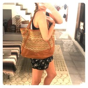 Faux leather and woven tote bag